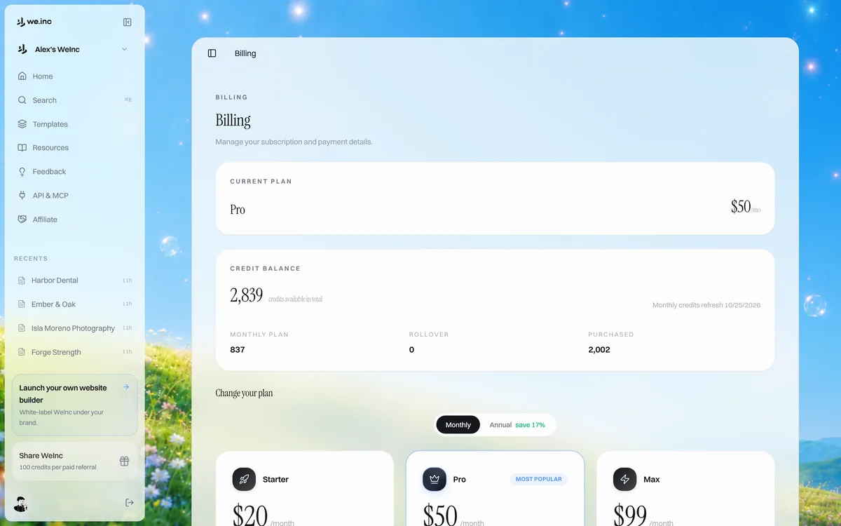 Changing plan on the We.Inc billing page