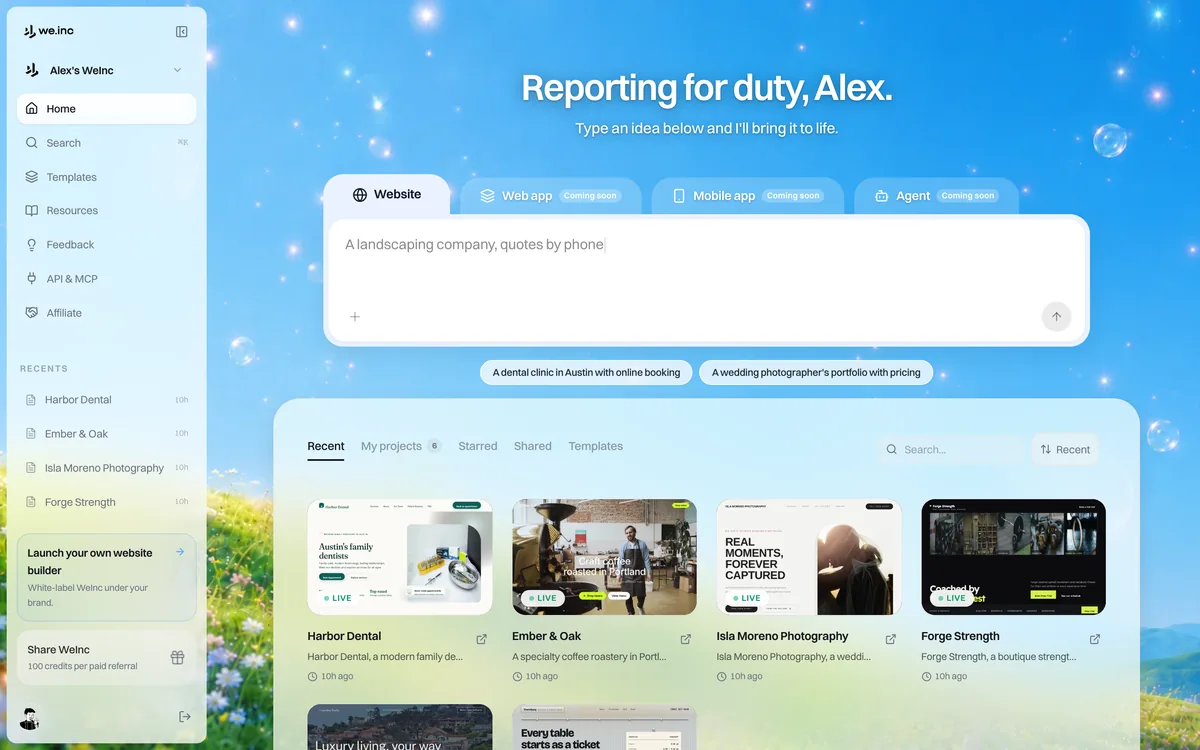 Das We.Inc-Dashboard: eine Web-App, in der angemeldete Nutzer ihre Projekte ansehen und verwalten