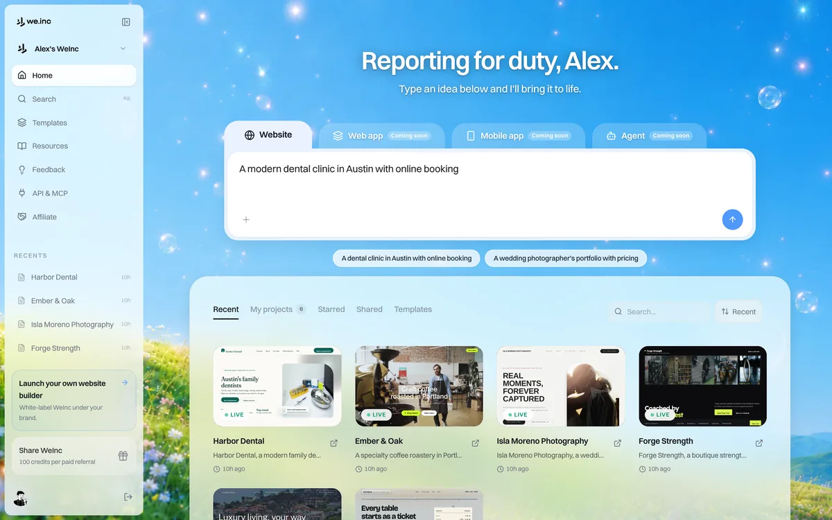 Describing a new website on the We.Inc dashboard