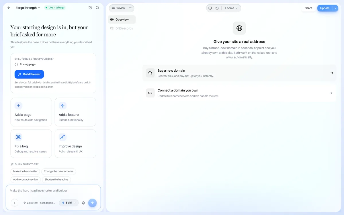 A tela de configurações de domínio do We.Inc, onde um domínio personalizado é conectado a um site