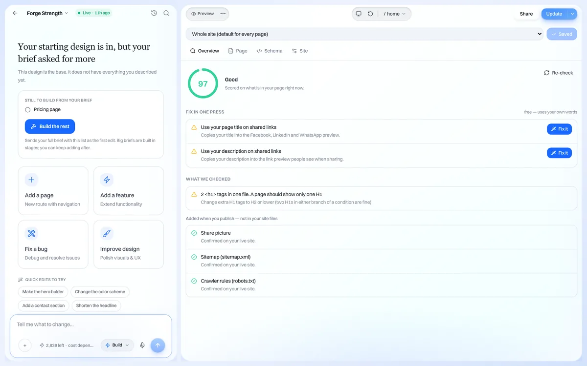The SEO panel with its page score and one-click fixes
