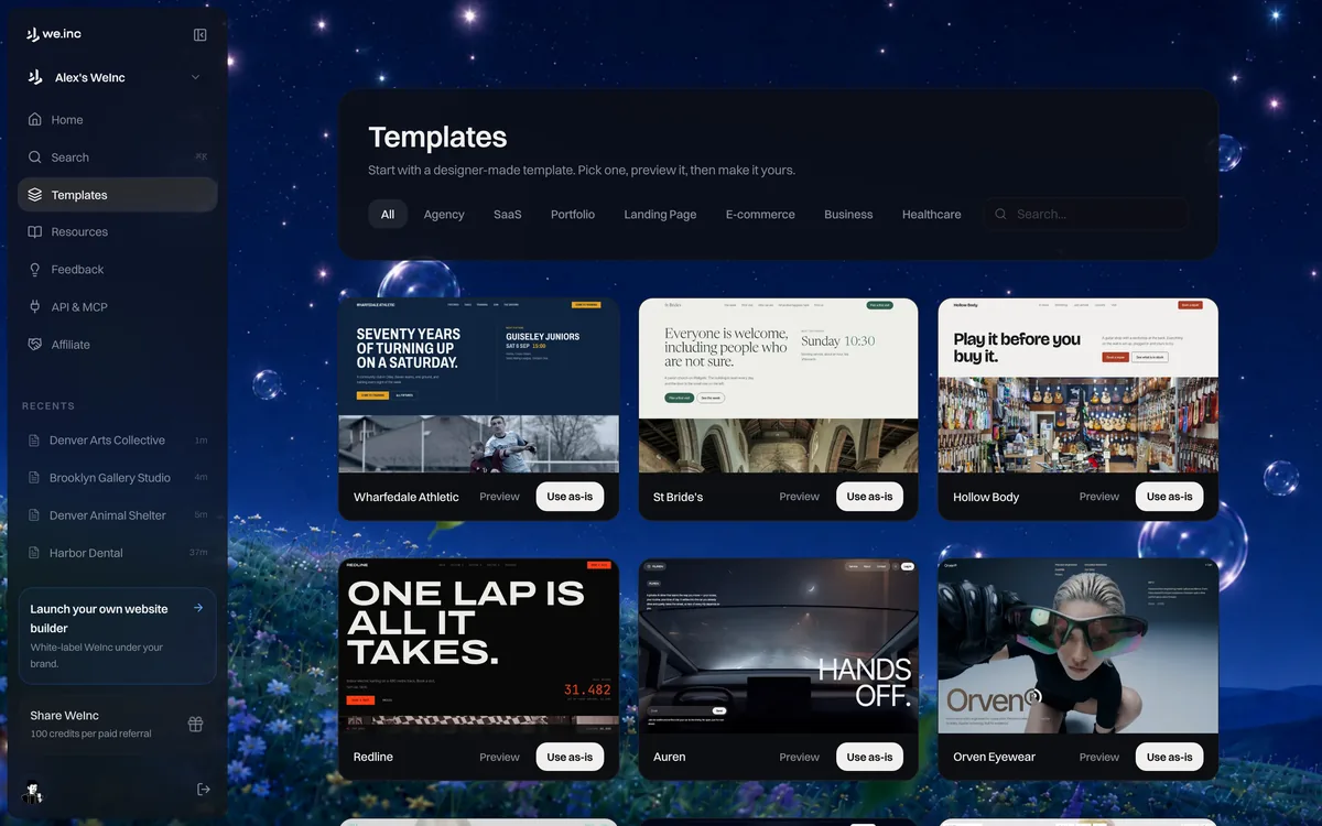 Il selettore di template di We.Inc con i design dei siti web