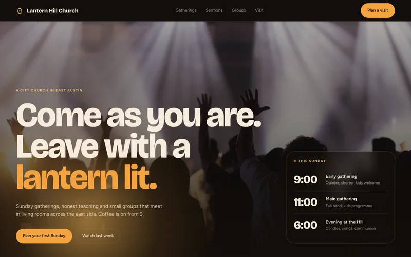 Amber-Lit Modern City Church website template preview