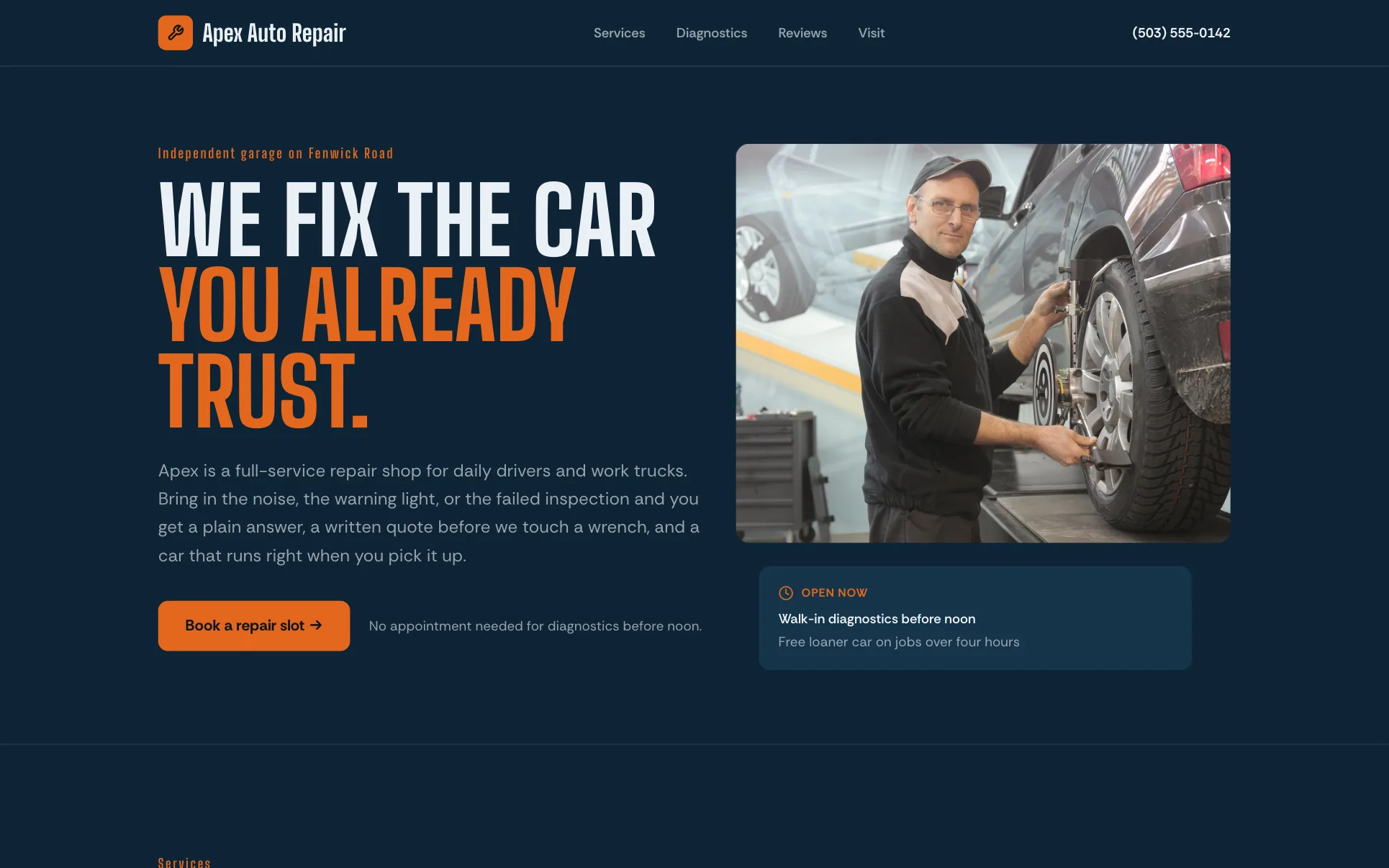 Navy Auto Repair Shop website template preview