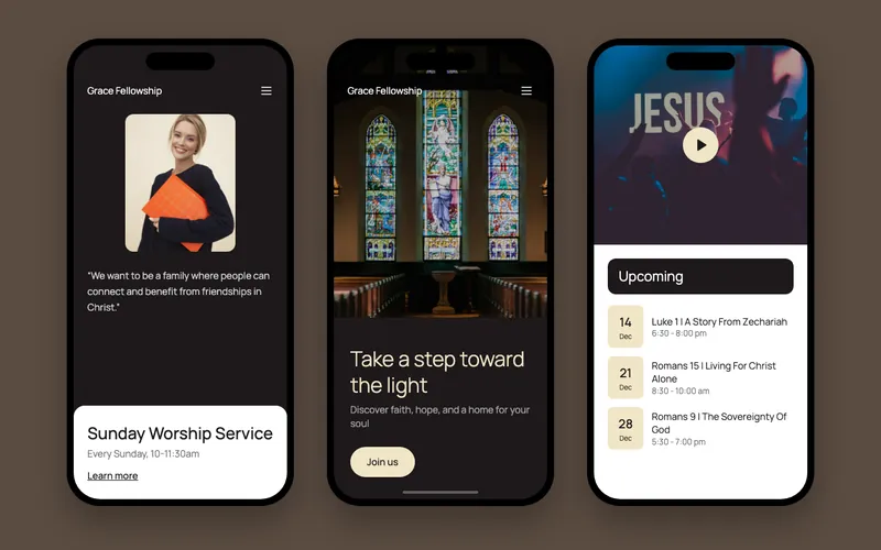 Phone-Screen Dark Church Community website template preview