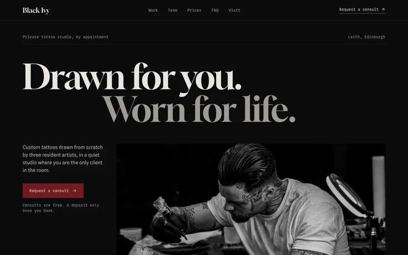 Dark Editorial Custom Tattoo Studio website template preview