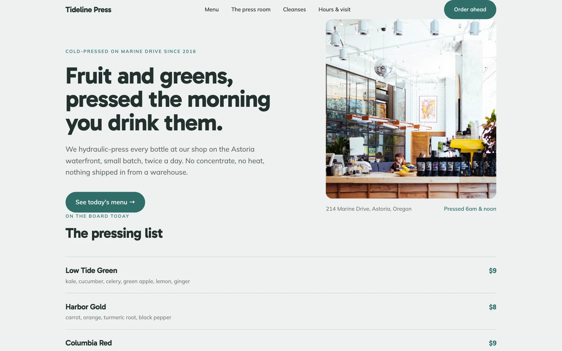 Teal Cold-Pressed Juice Bar website template preview