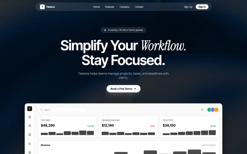 Navy Workflow SaaS Hero website template preview