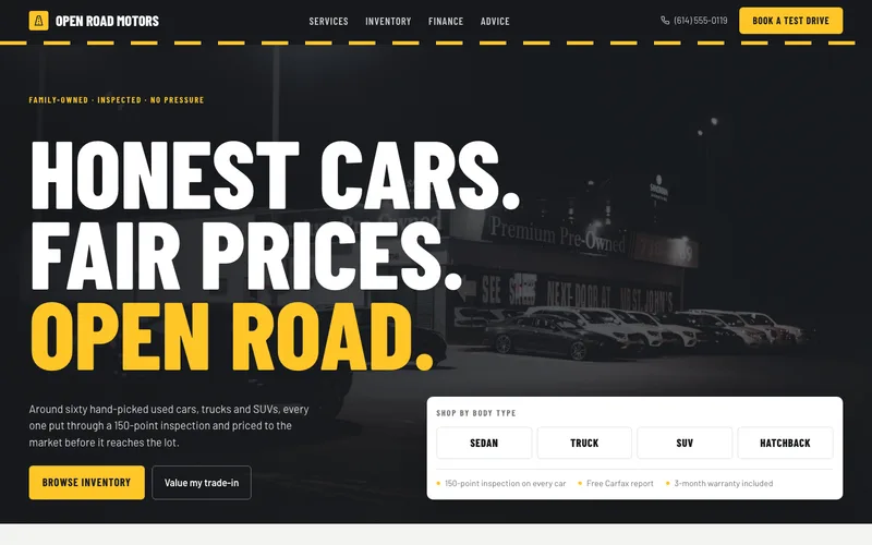 Asphalt and Yellow Used Car Dealer website template preview