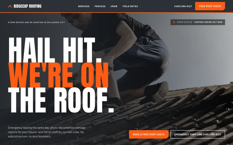 Hazard-Stripe Storm Repair Roofer website template preview