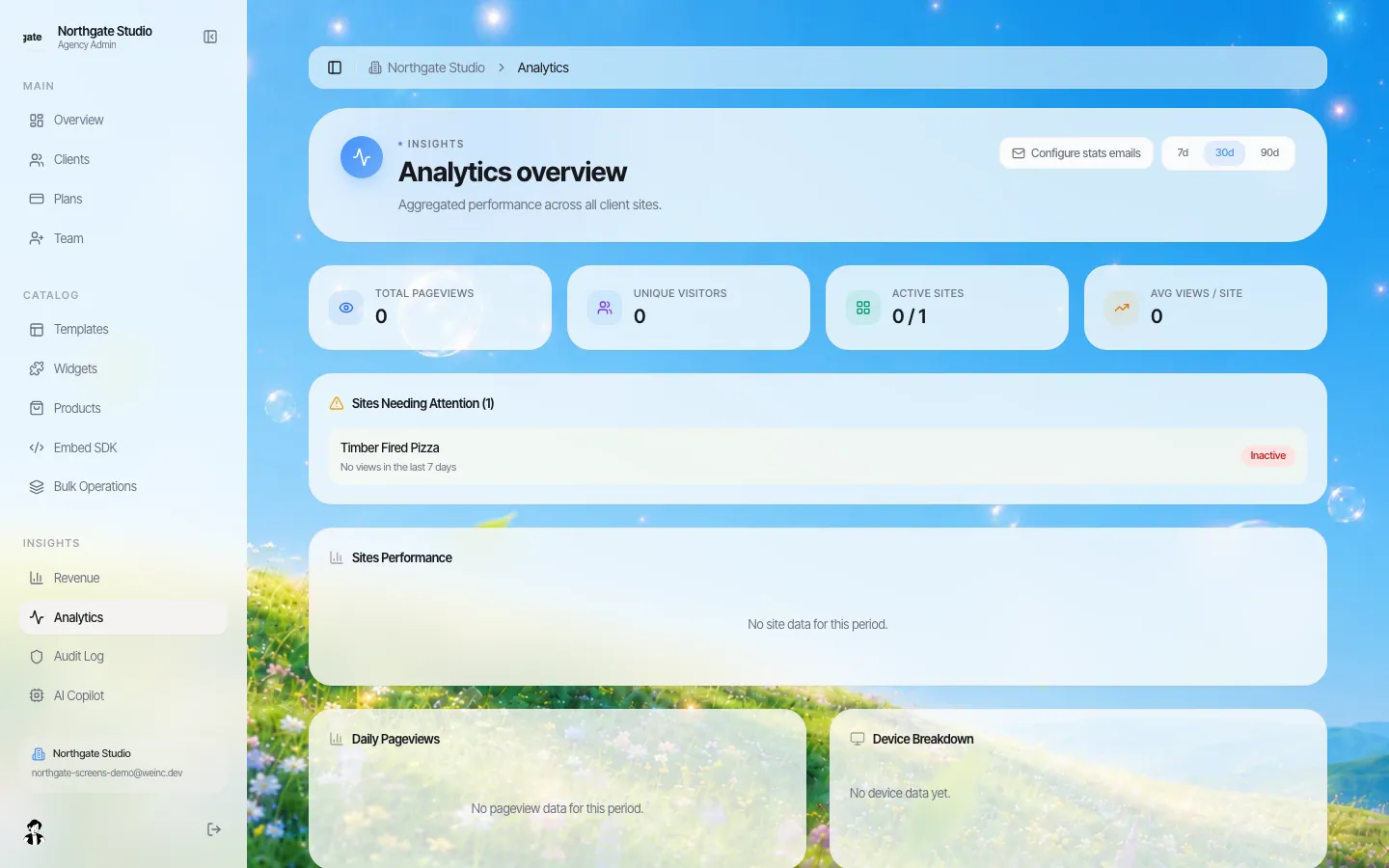 Analytics-Bildschirm mit der Einstellung für den monatlichen Kundenbericht