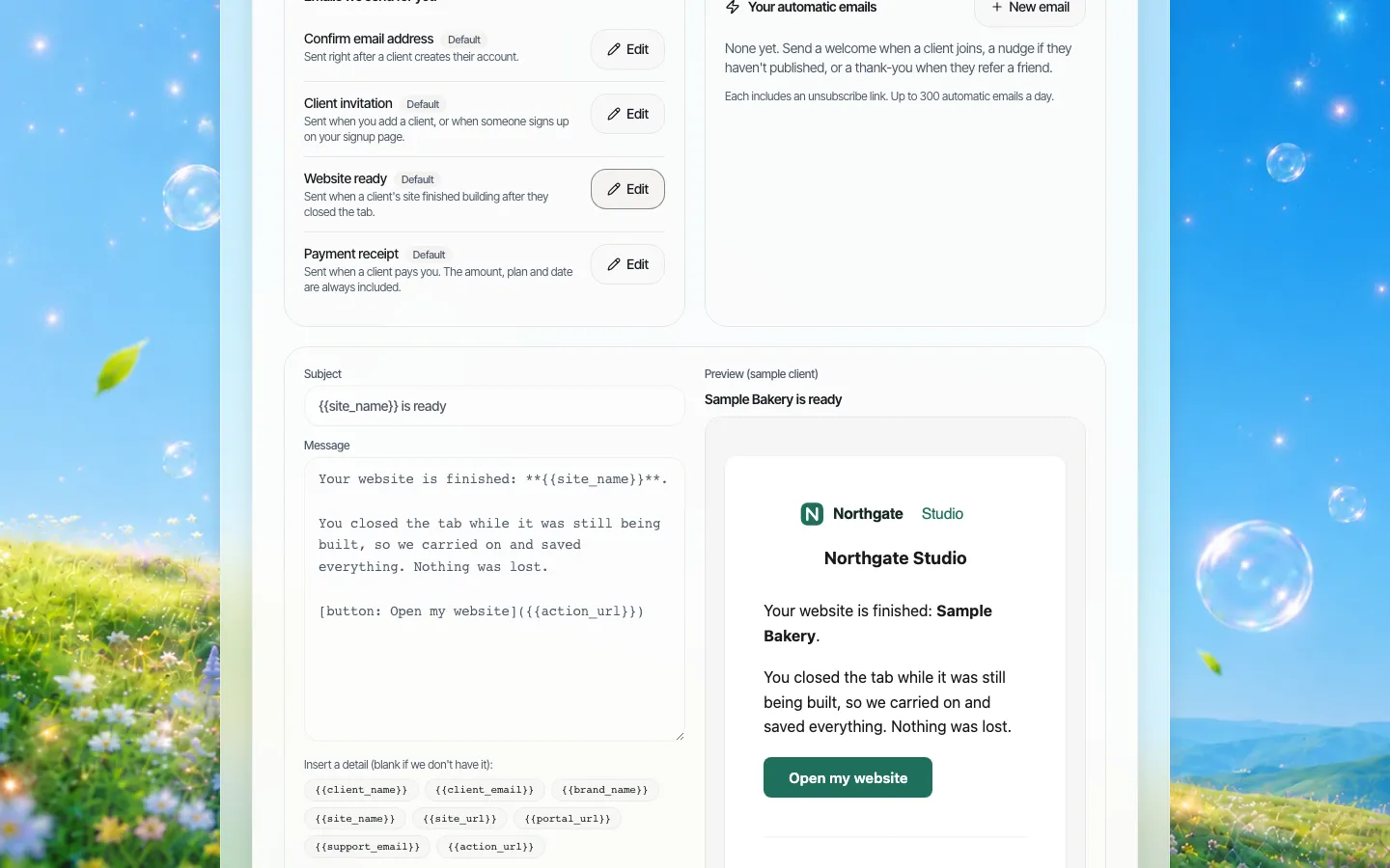 Vorschau der E-Mail Website fertig im Layout der Marke mit dem Logo von Northgate Studio und einer grünen Schaltfläche Meine Website öffnen