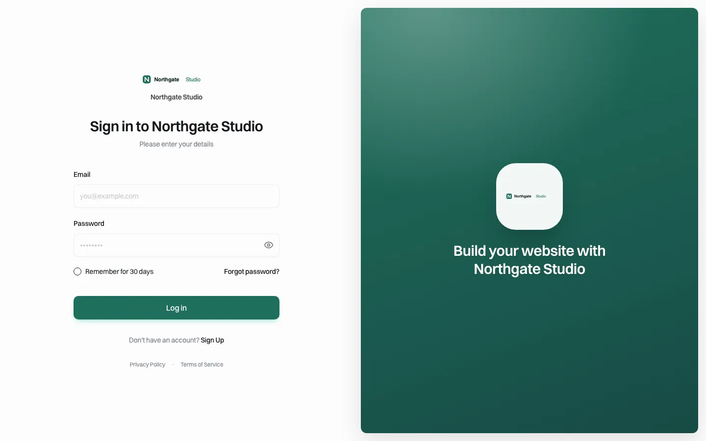 Anmeldeseite für Kunden der Demo-Marke Northgate Studio mit Logo und Farben der Marke und ohne We.Inc-Branding