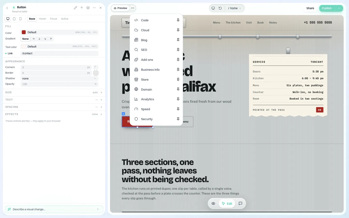 Menu de painéis do editor listando Code, Cloud, Blog, SEO, Store, Domain, Analytics, Speed e Security