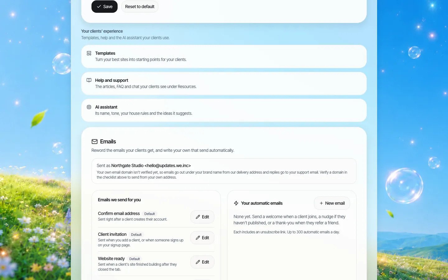 Configurações da experiência do cliente na We.Inc com as seções Modelos (Transforme seus melhores sites em pontos de partida para seus clientes), Ajuda e suporte e Assistente de IA
