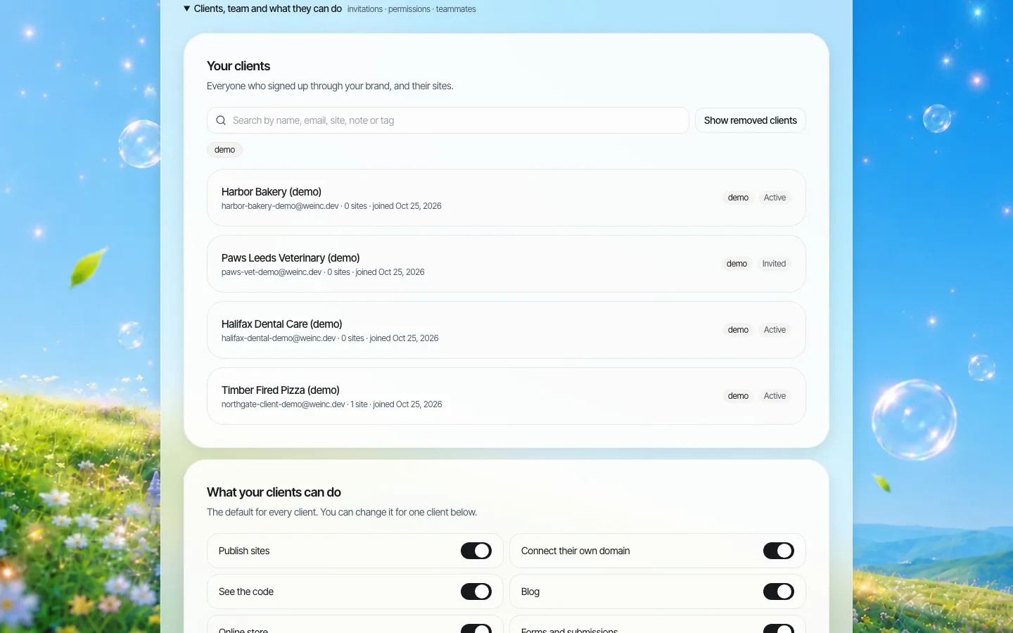 Lista de clientes na configuração da marca, com clientes de demonstração mostrando tags e status Ativo ou Convidado