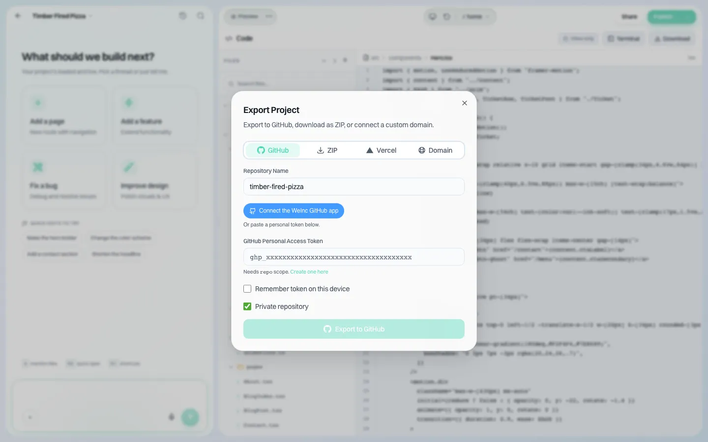 Janela Exportar projeto com as abas GitHub, ZIP, Vercel e Domínio e uma opção de repositório privado