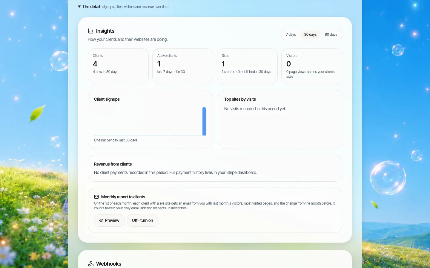 Tela de insights mostrando cadastros, sites, visitas e receita da marca