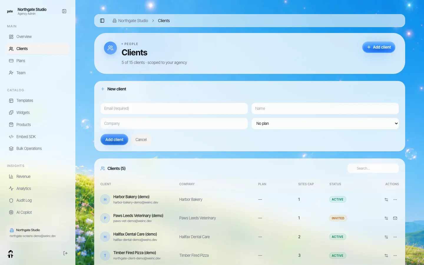 Formulário Adicionar cliente com campos de e-mail, nome, empresa e plano