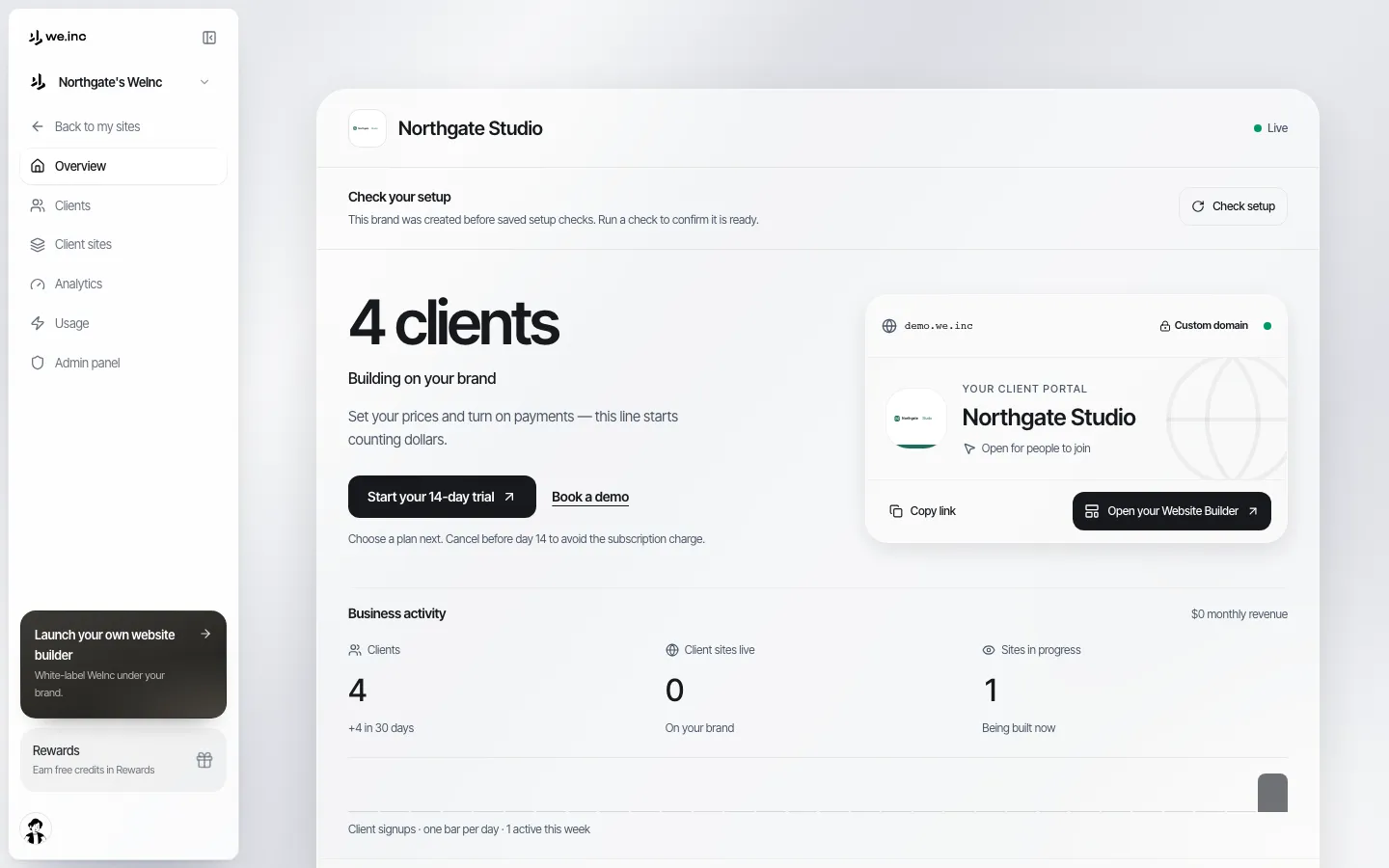 Partner-Startseite einer Demo-Marke mit Markenkarte, Kundenzahl, Portal-Link und aktueller Geschäftsaktivität