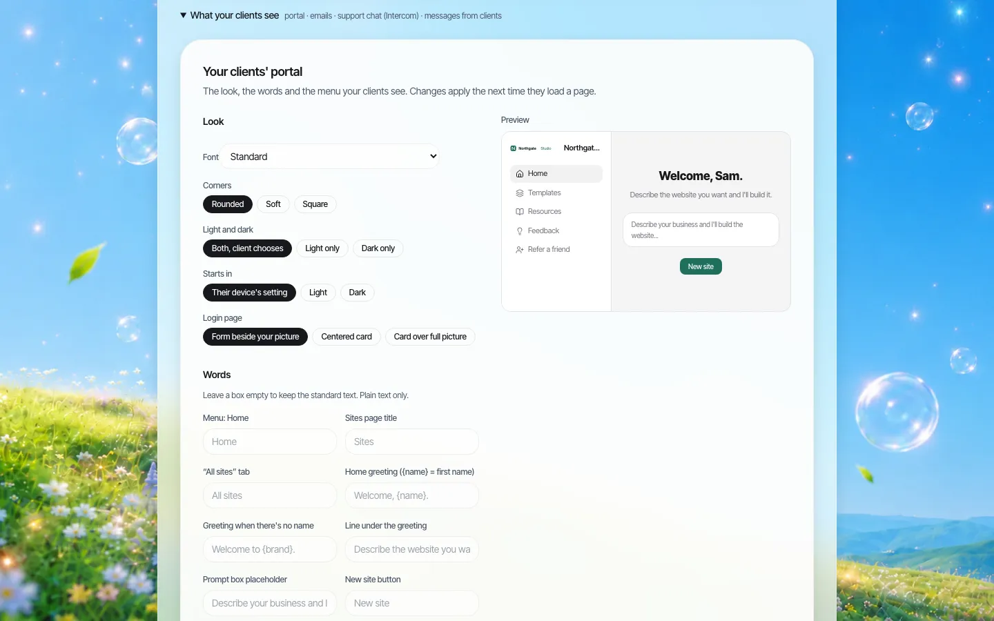 Designer für das Mandantenportal mit Einstellungen für Ecken, hellen oder dunklen Modus, Login-Layout und Menüpunkte, mit Live-Vorschau