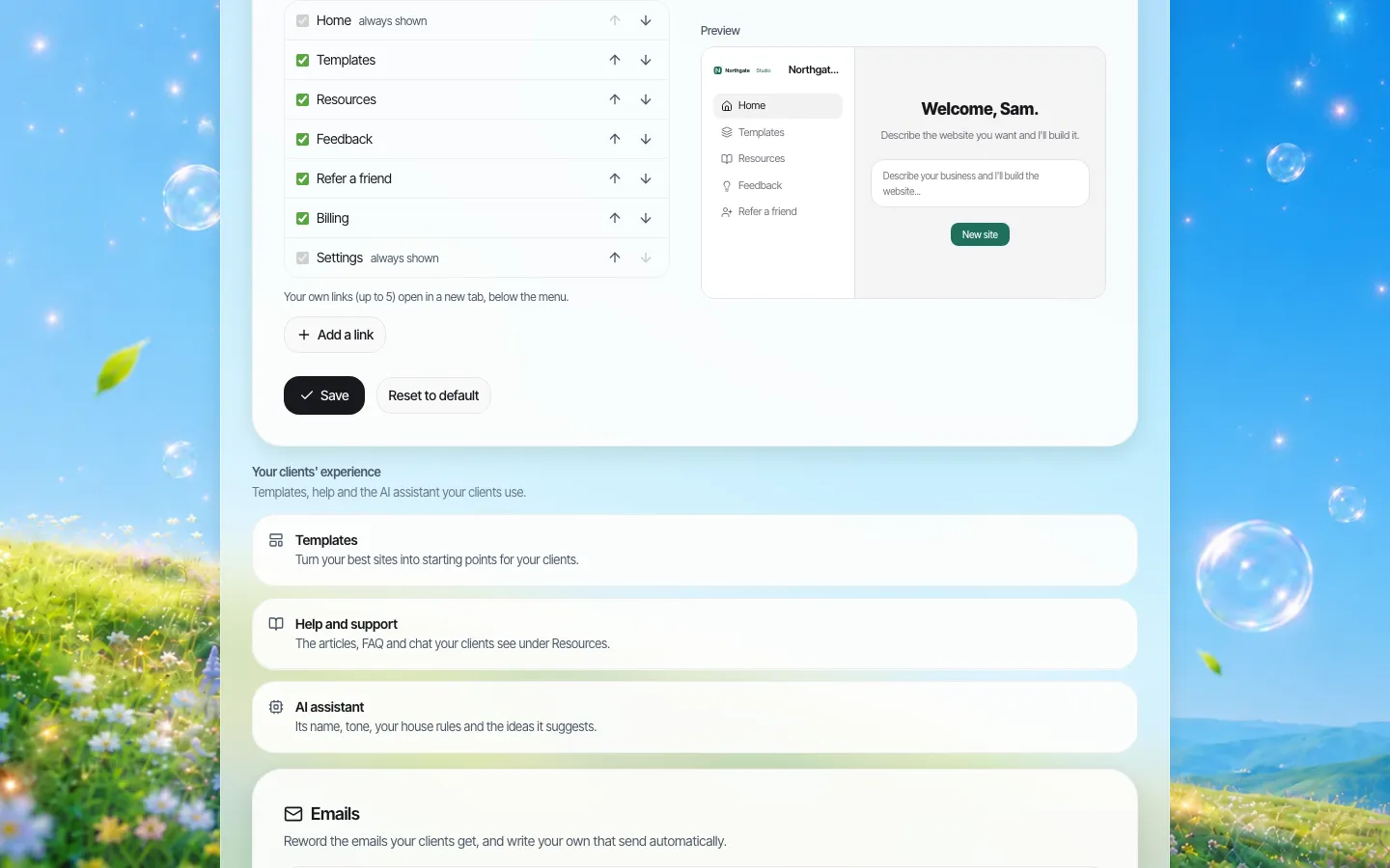 Unterer Teil des Portal-Designers mit Feldern zum Umbenennen von Menübezeichnungen, der Begrüßung, der Zeile darunter, dem Platzhalter im Eingabefeld und dem Button Neue Website