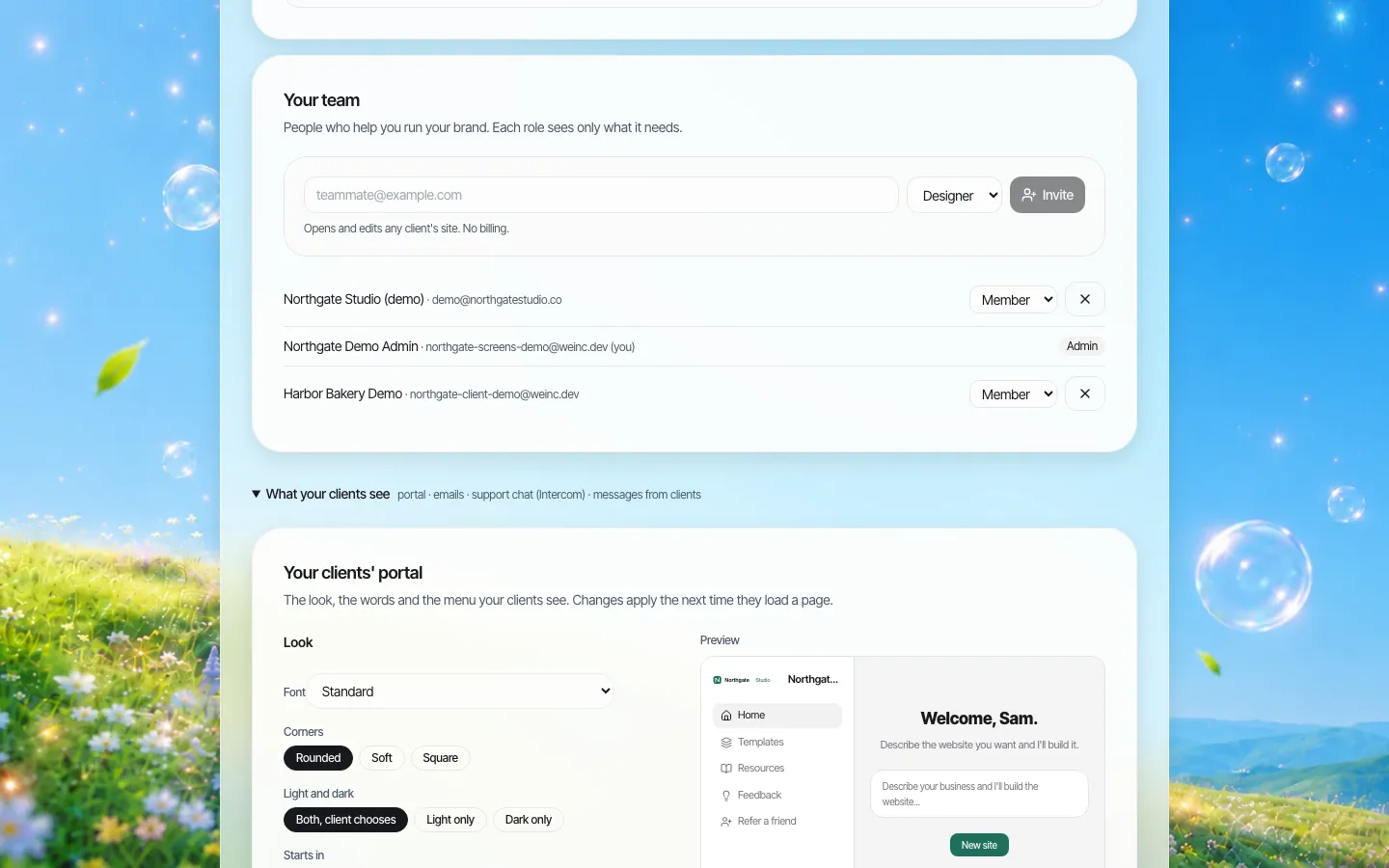 Painel da equipe convidando um colega por e-mail com um seletor de função mostrando Designer, e membros da equipe listados com selos de Membro e Administrador