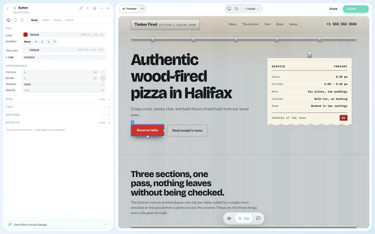 Visueller Editor mit ausgewähltem Button und Steuerelementen für Füllung, Ecken, Zustände und Breakpoints