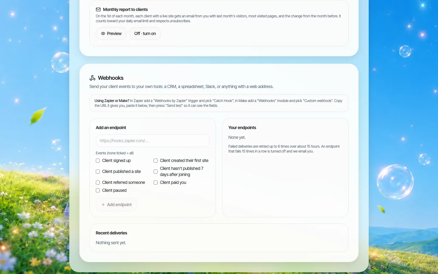 Seção de webhooks para conectar o Zapier ou o Make aos eventos da marca