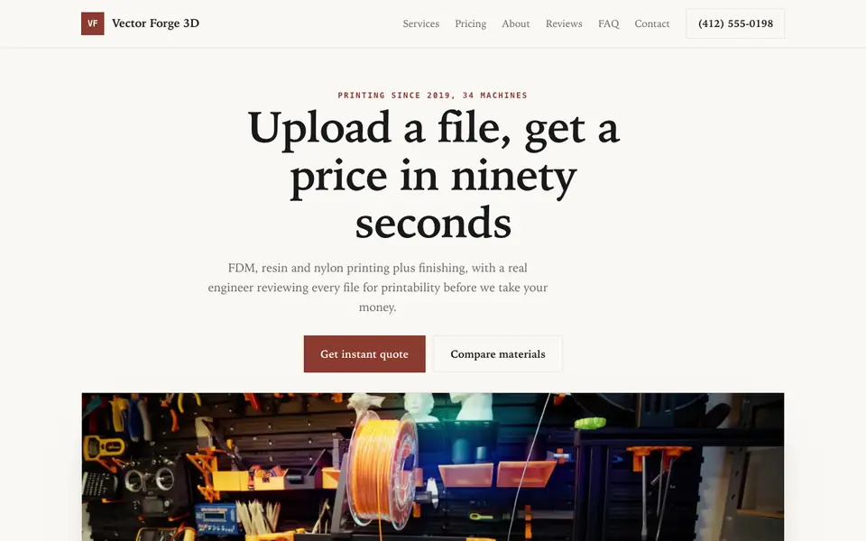 Example website for 3d printing services built with We.Inc: the Vector Forge 3D home page