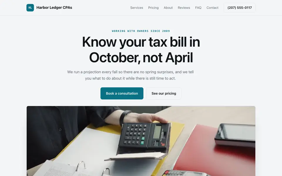 Example website for accountants built with We.Inc: the Harbor Ledger CPAs home page
