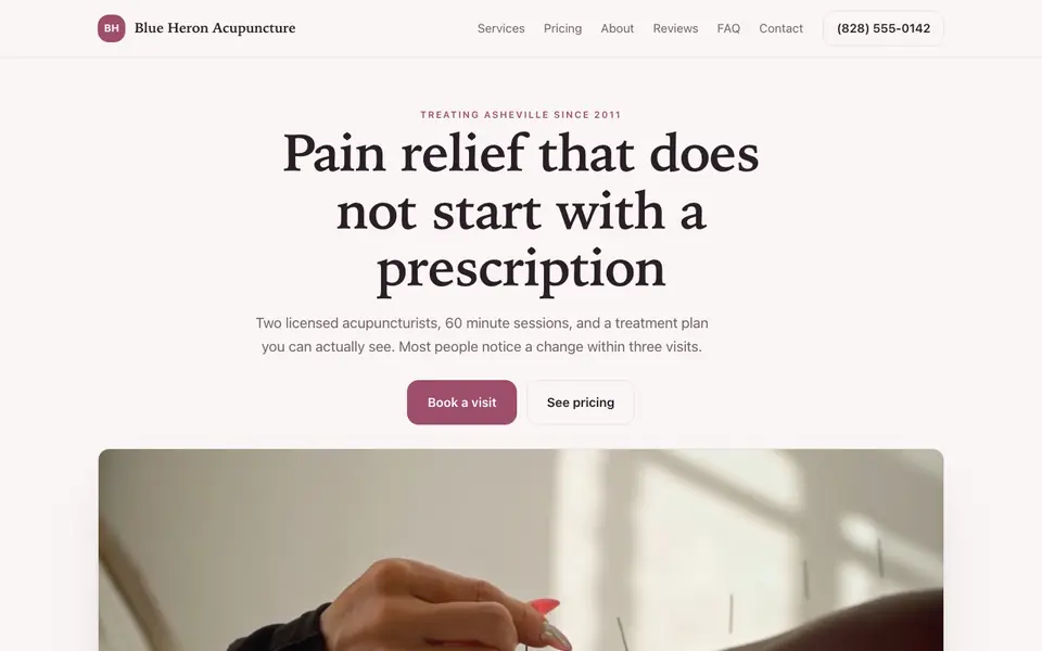 Example website for acupuncture clinics built with We.Inc: the Blue Heron Acupuncture home page