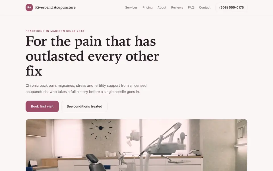 Example website for acupuncture websites built with We.Inc: the Riverbend Acupuncture home page