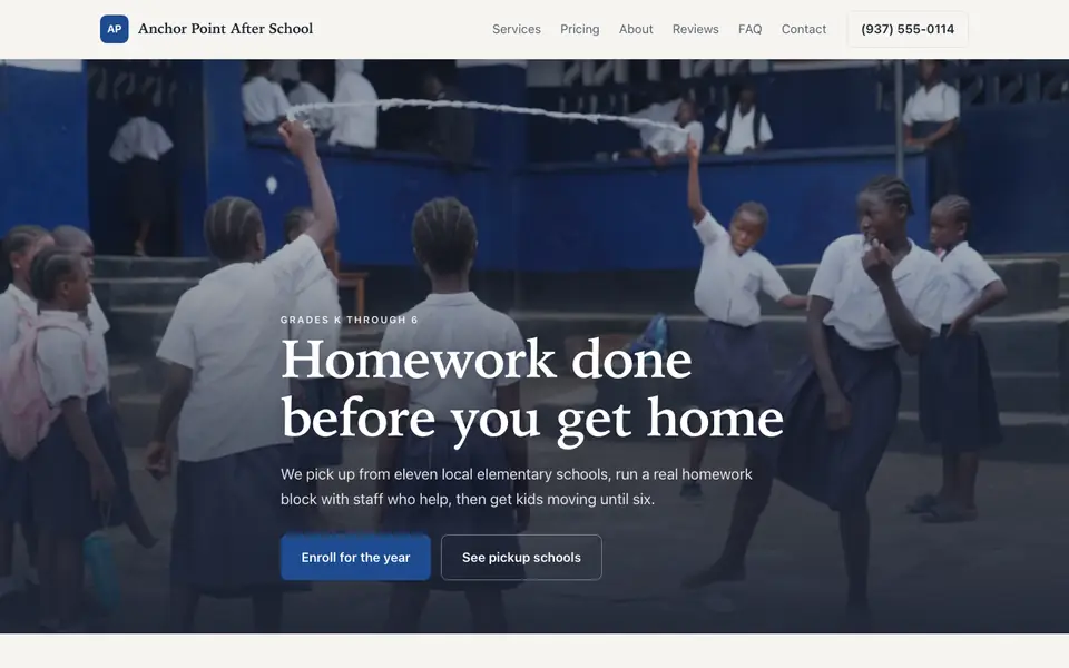 Example website for after-school programs built with We.Inc: the Anchor Point After School home page