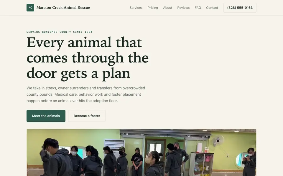 Example website for animal shelters built with We.Inc: the Marston Creek Animal Rescue home page