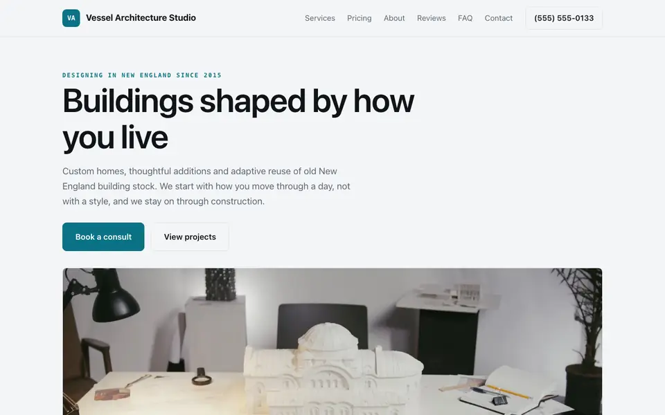 Example website for architecture firms built with We.Inc: the Vessel Architecture Studio home page