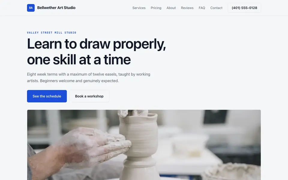 Example website for art schools & studios built with We.Inc: the Bellwether Art Studio home page