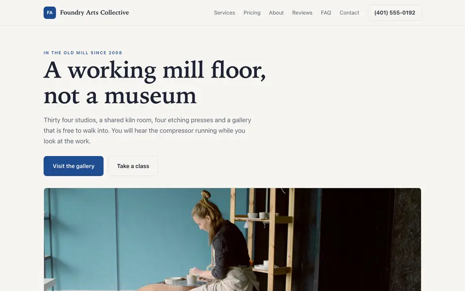 Example website for arts & culture nonprofits built with We.Inc: the Foundry Arts Collective home page