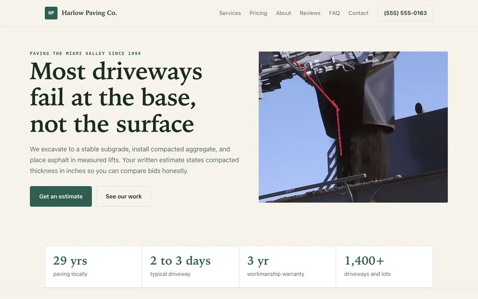 Example website for asphalt contractors built with We.Inc: the Harlow Paving Co. home page