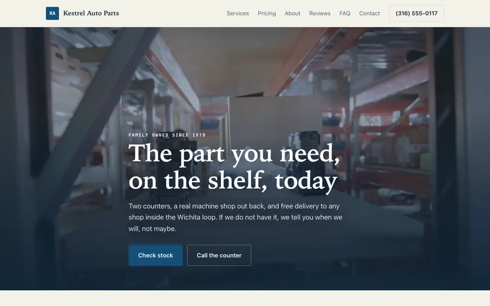 Example website for auto parts stores built with We.Inc: the Kestrel Auto Parts home page