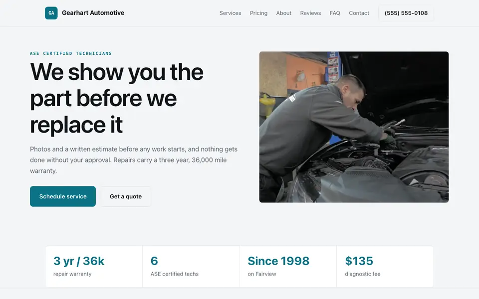 Example website for auto repair shops built with We.Inc: the Gearhart Automotive home page