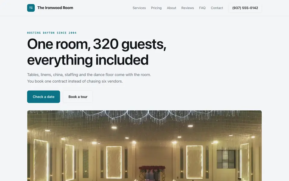 Example website for banquet halls built with We.Inc: the The Ironwood Room home page