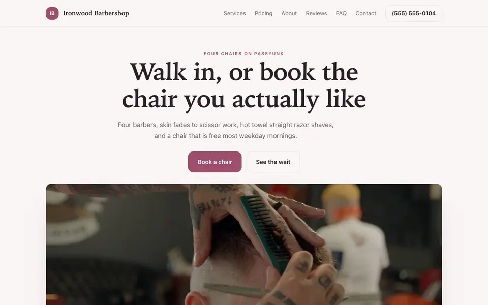 Example website for barbers built with We.Inc: the Ironwood Barbershop home page