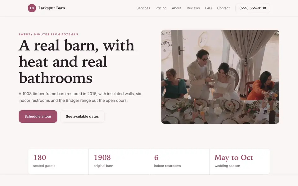 Example website for barn wedding venues built with We.Inc: the Larkspur Barn home page
