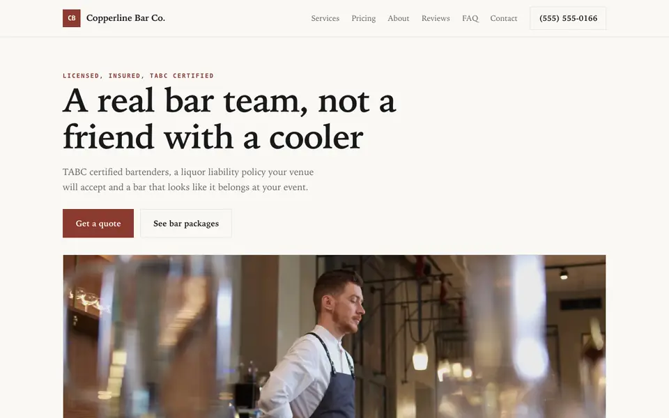 Example website for bartending services built with We.Inc: the Copperline Bar Co. home page