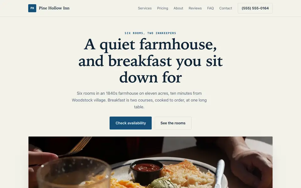 Example website for bed and breakfasts built with We.Inc: the Pine Hollow Inn home page