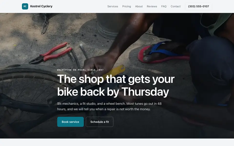 Example website for bike shops built with We.Inc: the Kestrel Cyclery home page