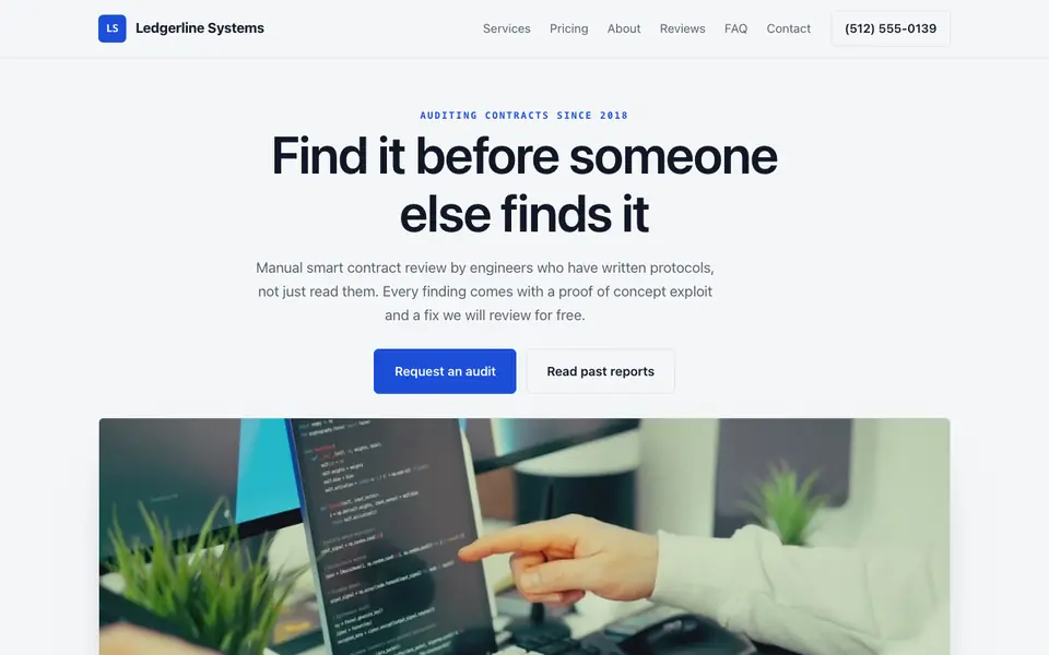 Example website for blockchain companies built with We.Inc: the Ledgerline Systems home page
