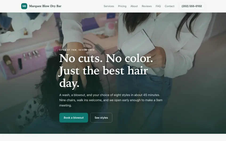 Example website for blowout bars built with We.Inc: the Marquee Blow Dry Bar home page