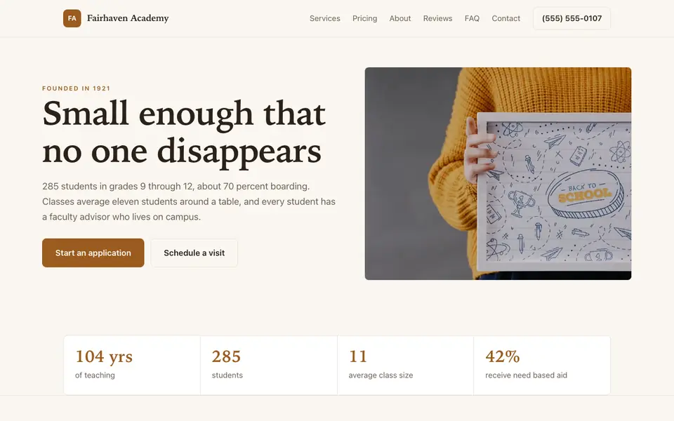 Example website for boarding schools built with We.Inc: the Fairhaven Academy home page
